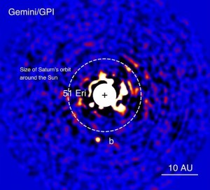 Figure 2 - GPI image of 51 Eri b. The bright central star has been mostly removed by a hardware and software mask to enable the detection of the exoplanet one million times fainter. Credits: J. Rameau (UdeM) and C. Marois (NRC Herzberg)