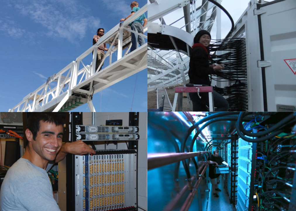 People at work. (Top left) Postdoc Emmanuel Fonseca and summer intern Tristan Simmons raising feeds onto the focal line; (top right) Postdoc Cherry Ng connecting some of the 2048 50m-long coaxial cables; (bottom left) Graduate student Juan Mena Parra installing FPGA motherboards; (bottom right) Graduate student Nolan Denman assembling GPUs in the X-engine. 